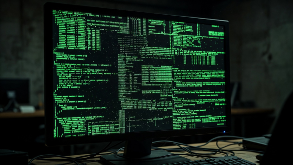 Computer screen with green command-line terminal code